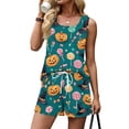 thumbnail image 5 of Halloween Lounge Wear for Women 2 Piece Set Pumpkin Candy Sleeveless Spooky Tank Tops and Bat Castle Wide Leg Funny Shorts, 2XL, 5 of 6