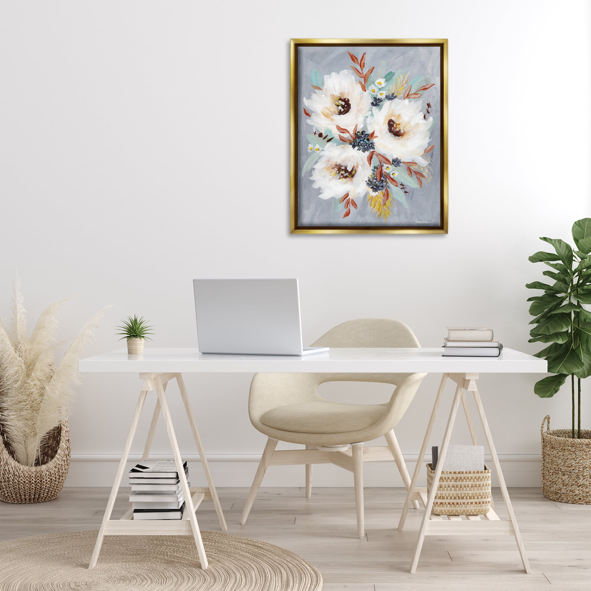 Stupell Industries White Flowers Trio Botanical & Floral Painting Gold Floater Framed Art Print Wall Art, 25 x 31