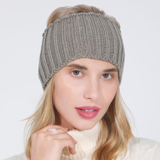 Women Autumn Winter Ponytail Beanie Hat Female Acrylic Stripe Knitted Hat Lady Stretch Crochet Winter HatOne Size He Qiyong unisex