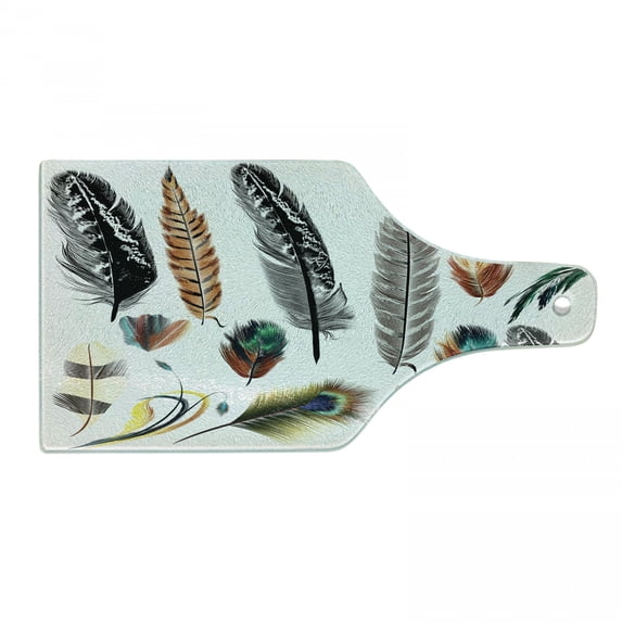 Bohemian Cutting Board, Detailed Big and Small Several Bird Feathers in Vibrant Colors Bohemian Design, Tempered Glass Cutting and Serving Board, Wine Bottle Shape, Multicolor, by Ambesonne