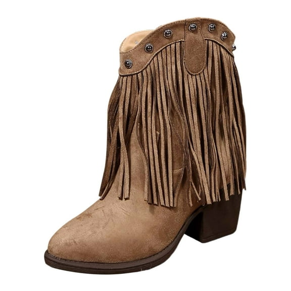 Shadoumai Women Tassel Western Booties Block Heel Suede Cowboy Ankle Boots Fringe Pointed Closed Toe V-Cut Stacked Heel On Short Boots Cowgirl Embroidered Retro