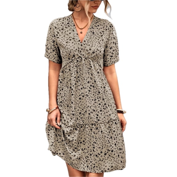 Women's Ditsy Floral Empire Waist Plunge Short Sleeve Dress Peplum Neckline Surplice Style 95% polyester 5% spandex