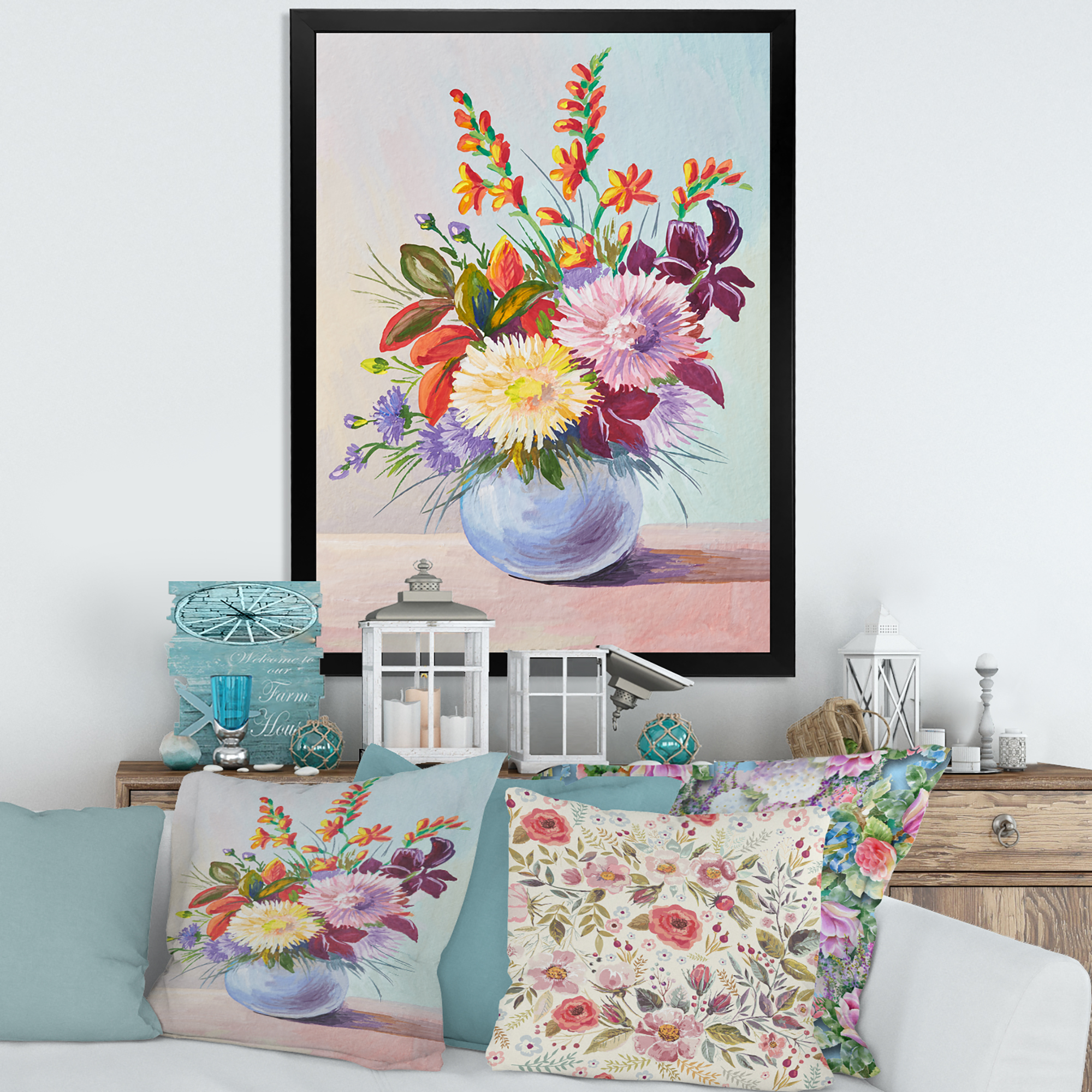 Designart 'Still Life With Asters On Colorful Flowers In Vase' Traditional Framed Art Print