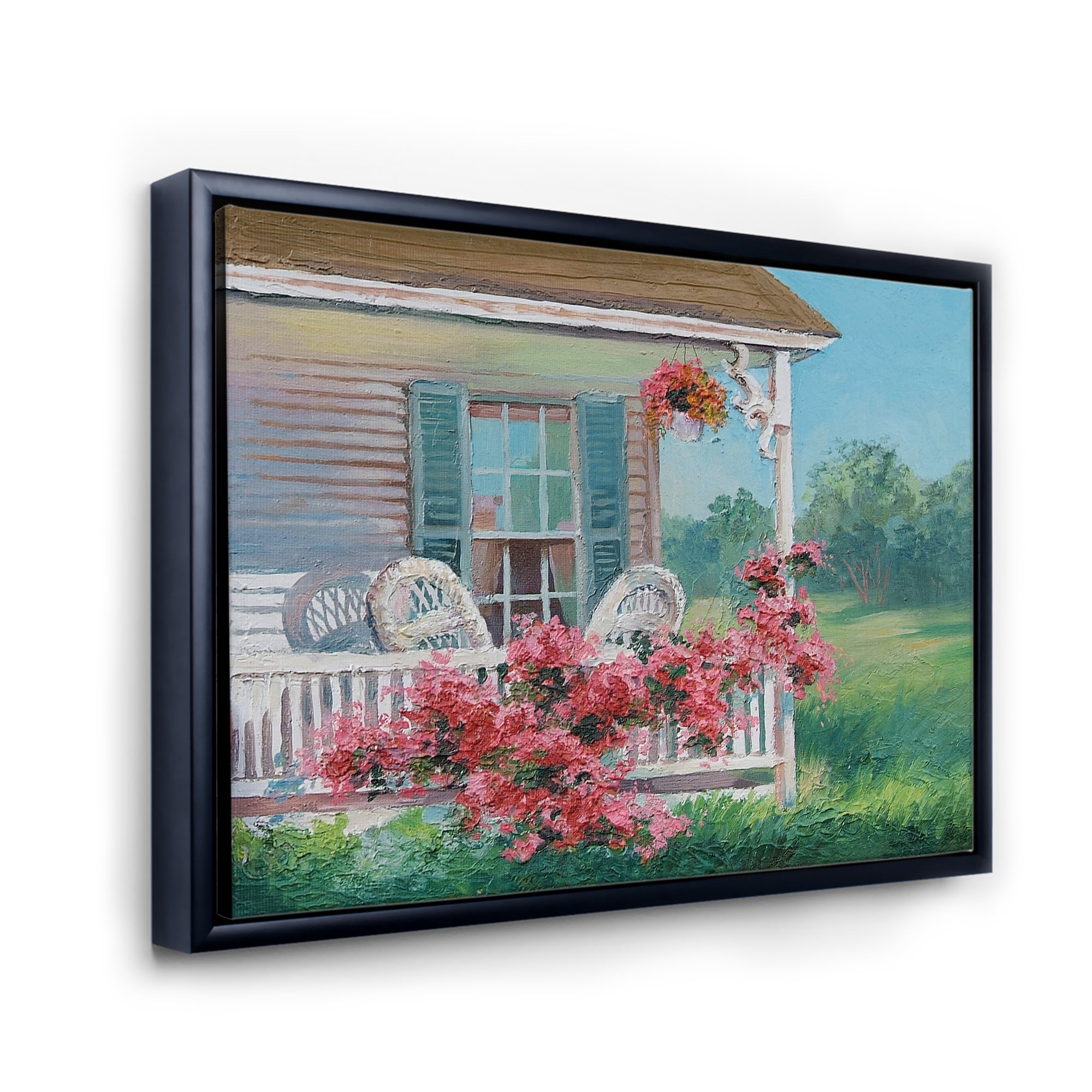 Patio & Blossiming Red Flowers With Wooden House 32 in x 24 in Framed Painting Canvas Art Print, by Designart