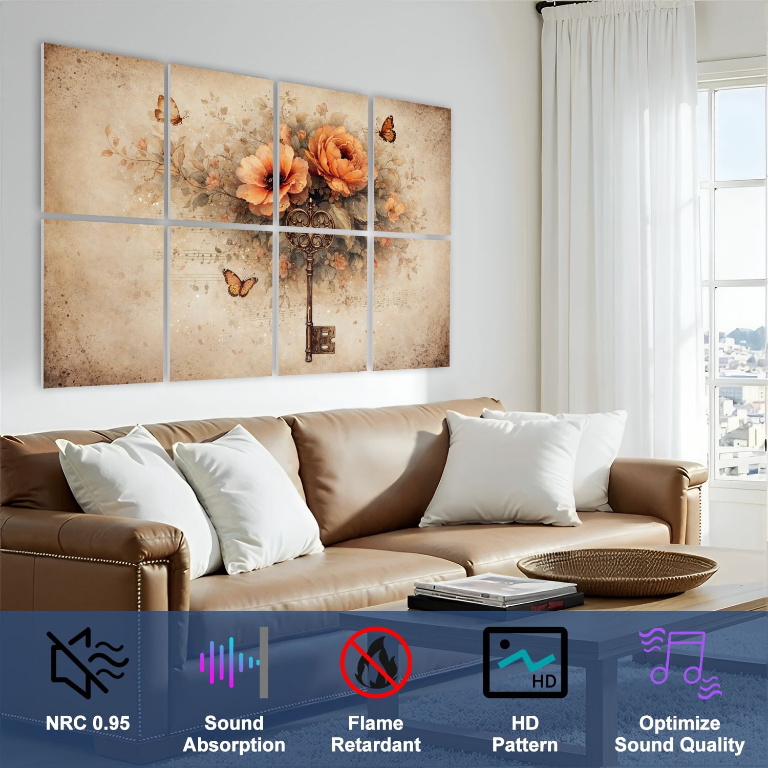 Gothic 8 Pack Art Acoustic Panels Sound Absorbing Vintage Key Watercolor Flowers Musical Notes Decorative Soundproof Wall Panels Self Adhesive for Nursery Game Room Bedroom 48"x32"