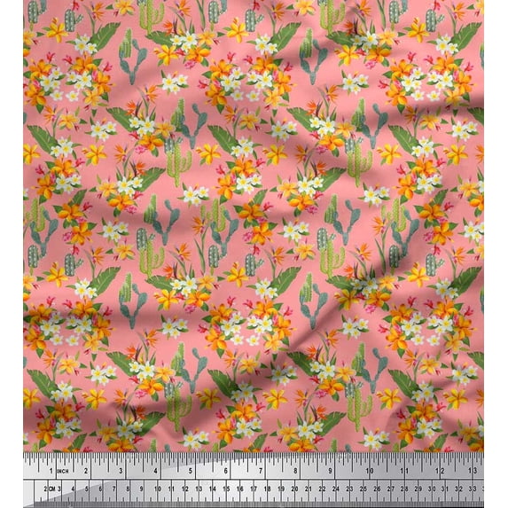 Soimoi Satin Silk Fabric Cactus,Leaves & Tropical Flower Floral Fabric Prints by Yard 42 Inch Wide