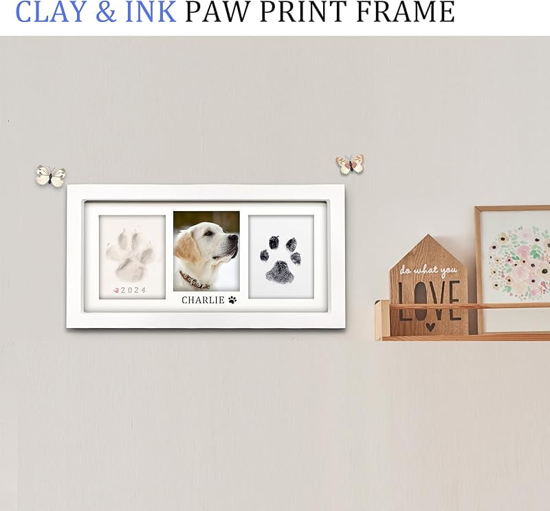 Zeokiar Paw Print Frame Kit,Dog/Cat Paw Print Kit,Soft Pawprint Clay&Clean Touch Ink Pad,Pet Paw Print Impression Kit with Customization Tool,Wooden Pet Memorial Frame,DIY Dog Lover Gifts