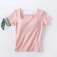 thumbnail image 2 of Lenpel Women's Going out Tops Fashion Summer Ribbed Short Sleeve Square Neck Slim T Shirts with Built in Bra Casual Basic Tees, 2 of 7