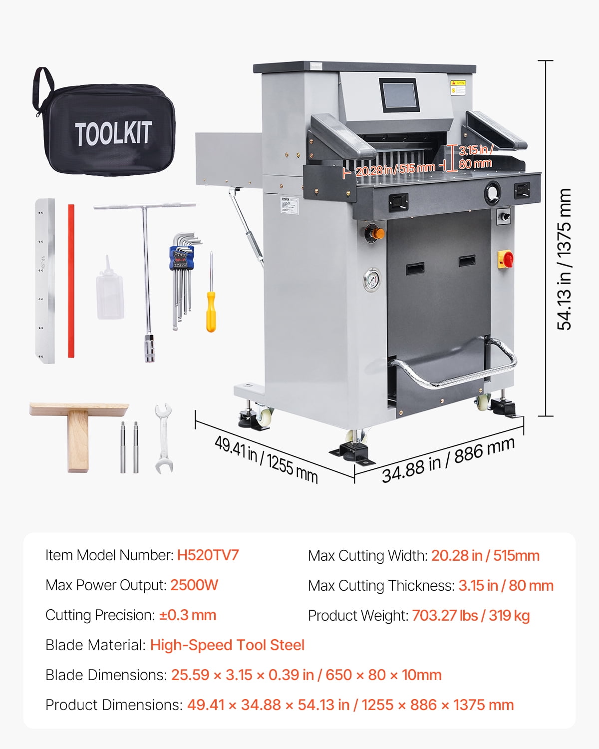 VEVOR Electric Hydraulic Paper Cutter, 2500W Heavy Duty Paper Cutter Machine 20.2 in/515 mm Cutting Width, 3.1 in/80 mm Cutting Thickness