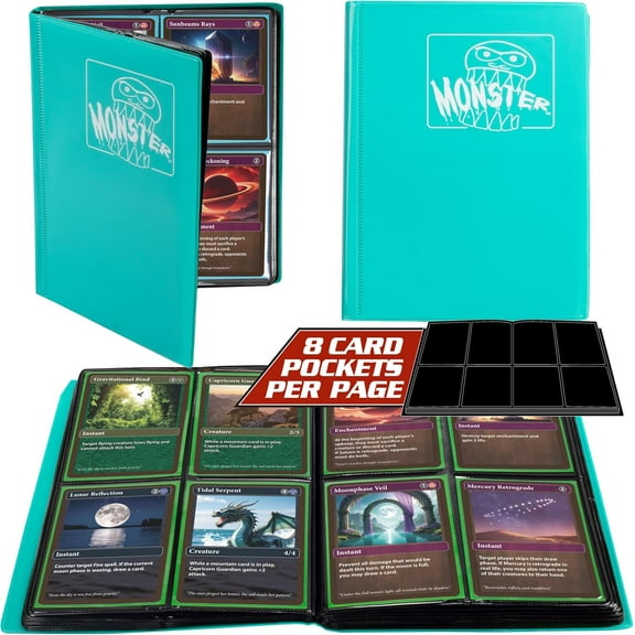 Monster 4 Pocket Trading Card Binder - Matte Teal Album, Anti-Theft & Anti-Drop TCG Protection w Side Loading Padded Pockets, Double Sided, Holds 160 Cards, For Sports, Gaming, Kpop
