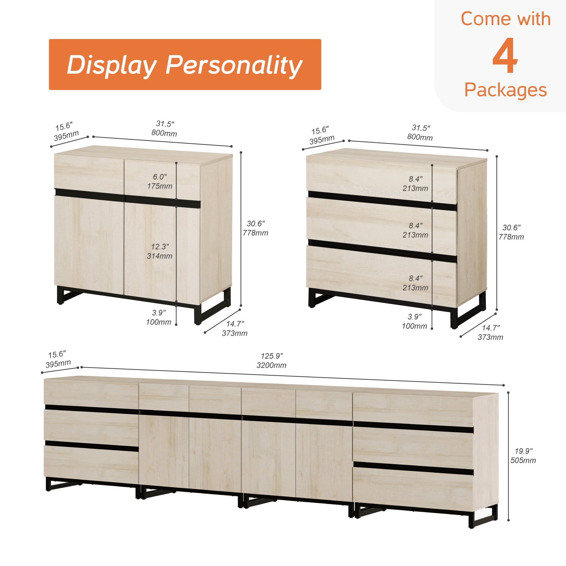 4-in-1 Sideboard Buffet Cabinet with 6 Drawers, Adjustable Shelves, High Load-Bearing Storage Cabinet for Living Room, Dining Room,Beige