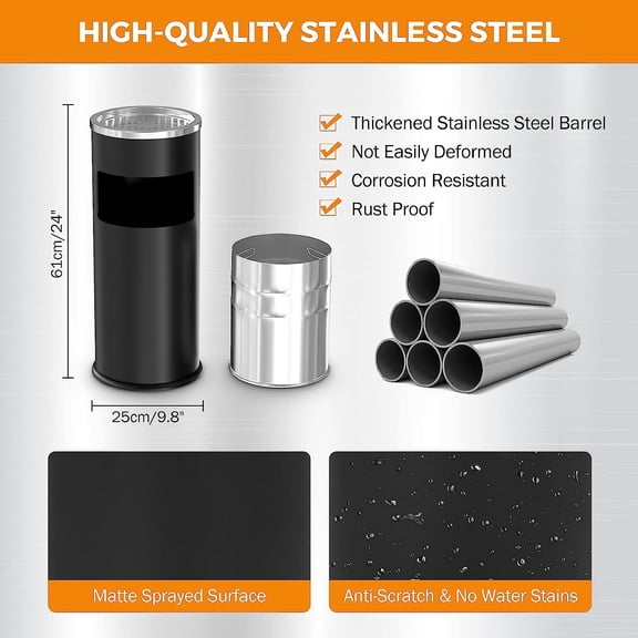 Black Trash Can with Lid Outdoor Indoor Stainless Steel Commercial Garbage Bin Waste Container for  Yard Garage with Inside Barrel, Black, 9.8 in x 24 in (D * H)