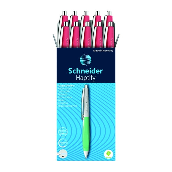 Schneider Haptify Ballpoint Pen, M (Medium), Refillable and Retractable, Coral Barrel, Box of 10 Pens, Blue Ink (135332)