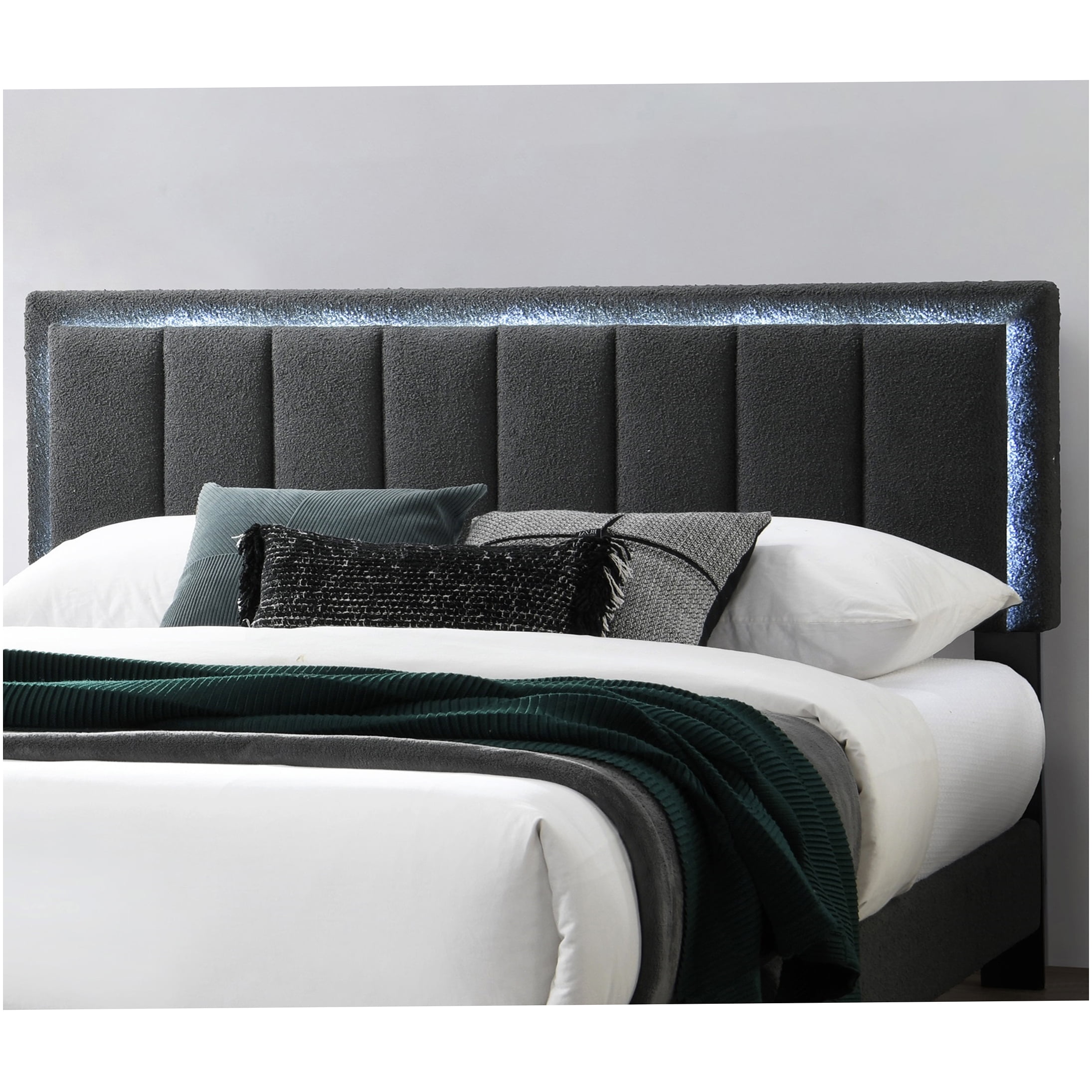 Queen Size Upholstered Bed Frame with LED Headboard, Channel Tufted Fabric Platform Bed, Modern Bedroom Furniture