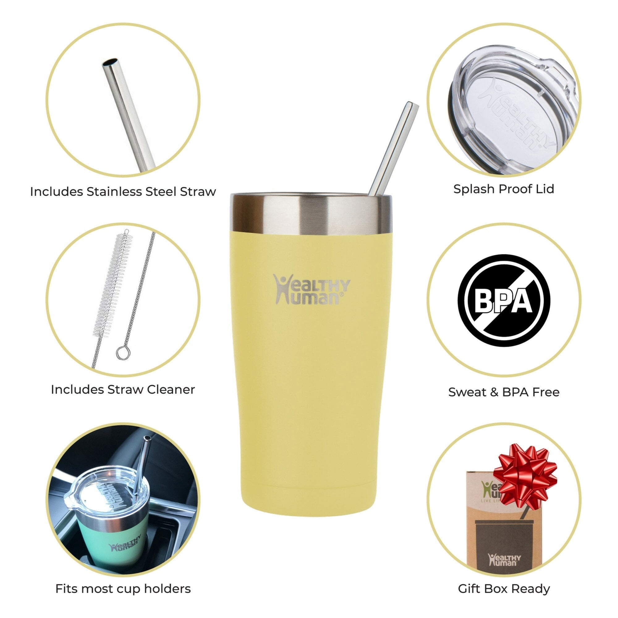 Healthy Human Stainless Steel Tumbler with Straw & Lid | Splash Proof Insulated Travel Cup | Eco-Friendly Coffee Tumblers | Water Cups with Straws Cleaner and Splash Proof Lids (20oz, Limoncello)