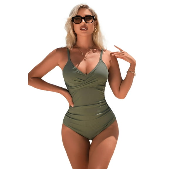 ATTRACO One Piece Swimsuit Women Spaghetti Strap V Collar Bathing Suit Sexy Monokini Swimwear S-XL