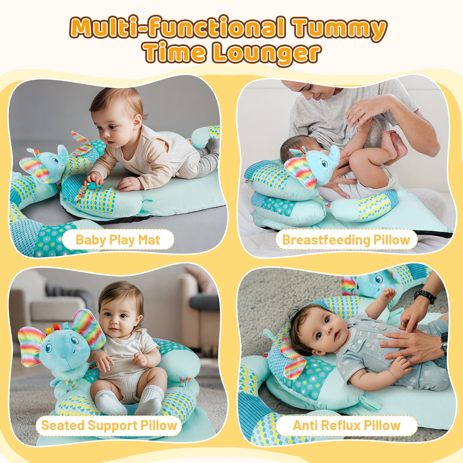 Blublu Park Sit Me Up Floor Seat with Detachable Support Pillow for Infant, 3-in-1 Tummy Time Mat and Baby Lounger to Prevent Reflux, Portable Playmat for Newborn Boys and Girls (Blue)