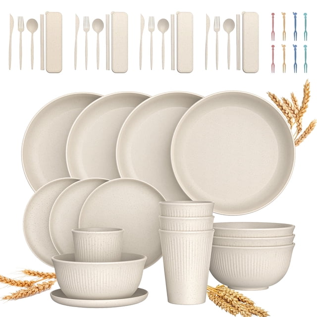 GPED 48 Pzas de Vajilla de Paja de Trigo para 4, Vajilla Irrompible, Platos y Tazones Reutilizables de Paja de Trigo, Juego de Cubiertos para Acampar, Apto para Lavavajillas y Microondas, Beige