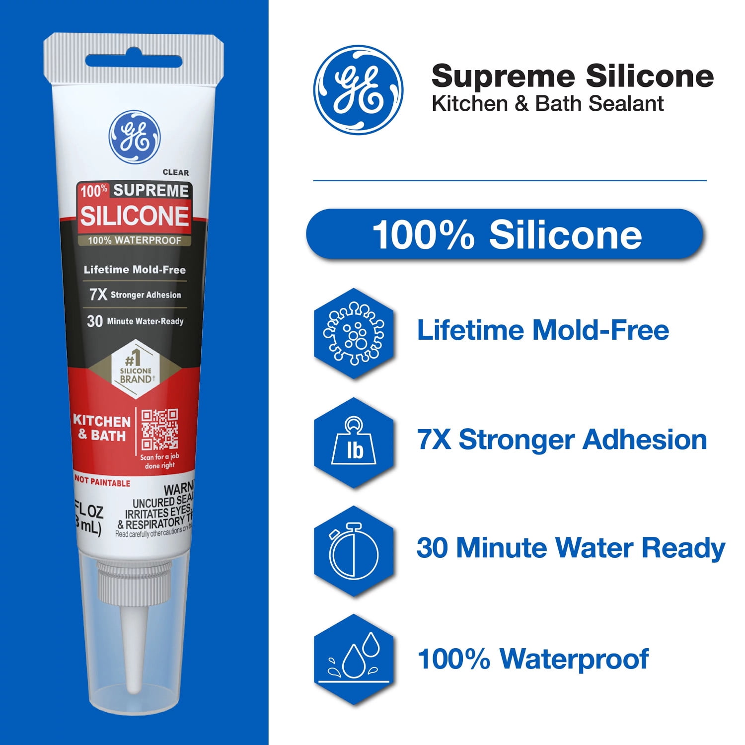 GE Supreme Silicone Kitchen & Bath Sealant, Pack of 1, Clear 2.8 fl oz Tube