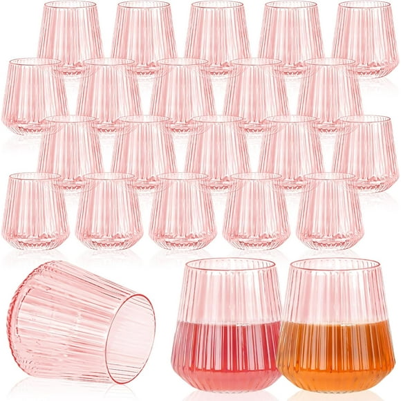 missunny-24 Pack Plastic Ribbed Wine Glasses, 14oz Stemless Disposable Wine Cups, Unbreakable Outdoor Cocktail Glasses, Heavy Duty Reusable Plastic Drinking Cup for Party Wedding Mimosa Bar (Pink)