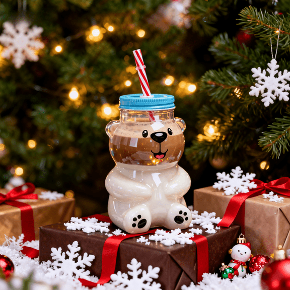18.6oz Bear Glass Cold Cup with Straw, Holiday-Themed Drinkware, Ideal for Iced Coffee, Cocktails, Cold Brew, and Perfect Christmas Gift for Drink Enthusiasts,(1 Bear Cup with Straw)
