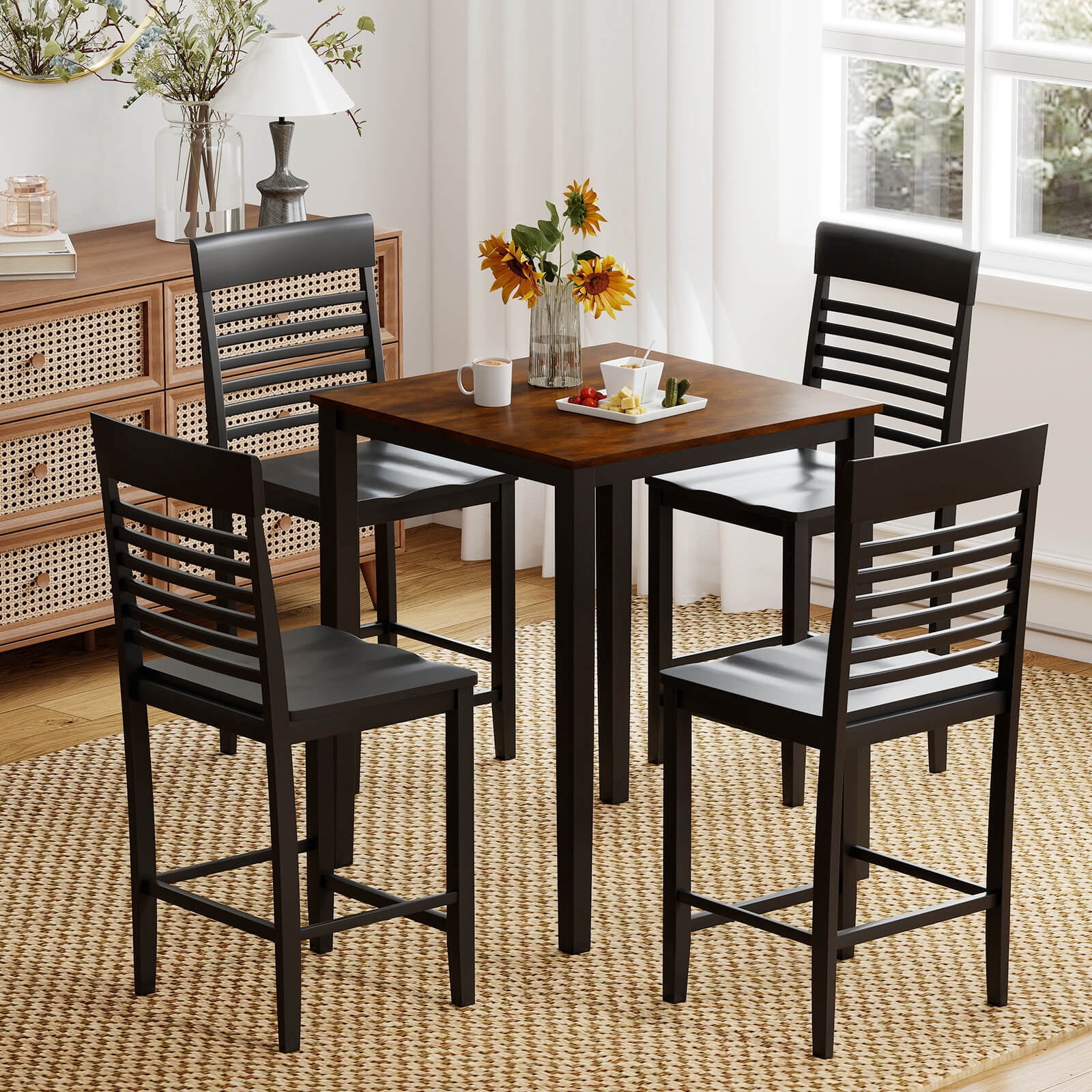 Costway Square Dining Table with Solid Wood Frame Wood Kitchen Table Pub Table for 4-Person Black+Reddish Brown