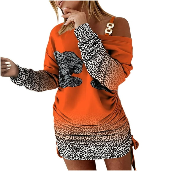 ICHUANYI Womens Casual Long Sleeve Print Cold Shoulder Drawstring Long Sleeve Dresses Spring Summer Clothing