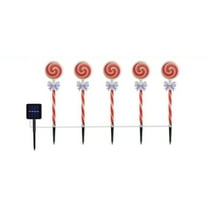 geerera Christmas Solar Candy Pathway Lights, Set of 5 Lollipop Peppermint Stake Lights, Candy Cane Walkside Lights, for Lawn, Patio, Garden, Driveway
