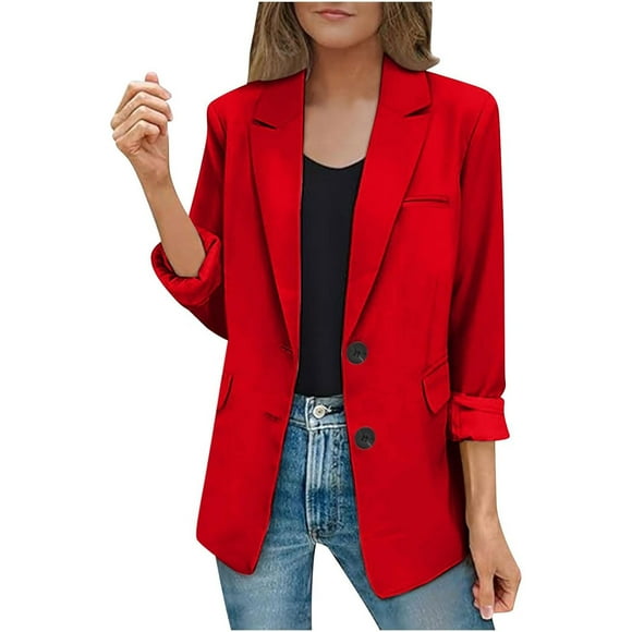 BYHONG Women Business Casual Open Front Long Sleeve Work Lapel Collar Buttons Coats Jackets for Women Coat for Women Red L