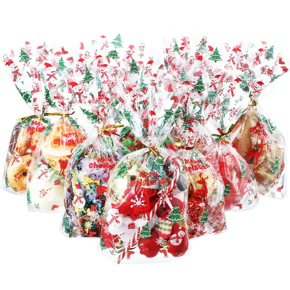 HESTYA 50 Pcs Sacs de Noël en Cellophane Plats Transparents avec 300 Pcs Attaches Torsadées Motif Flocon de Neige Bonbons pour Fête d'Hiver