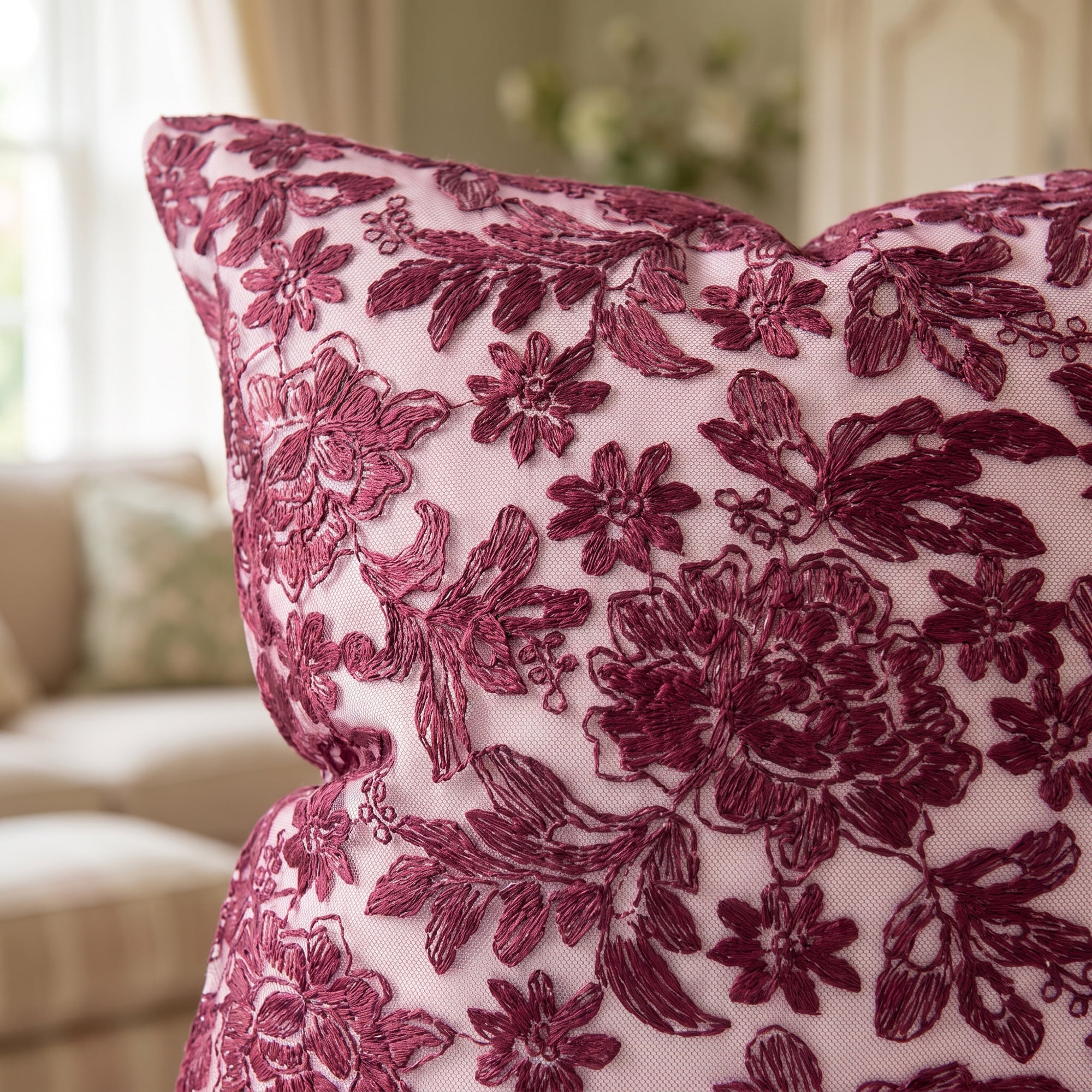 Unique Bargains Elegant Vintage Floral Throw Pom-Pom Pillow Covers Red 18" x 18"