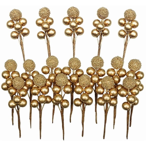 Artificial Gold Holly Leaves Berry Picks Stems Fake Winter Christmas Berries Decor for DIY Garland and Holiday Wreath Ornaments, 16 Branch by Bilipala