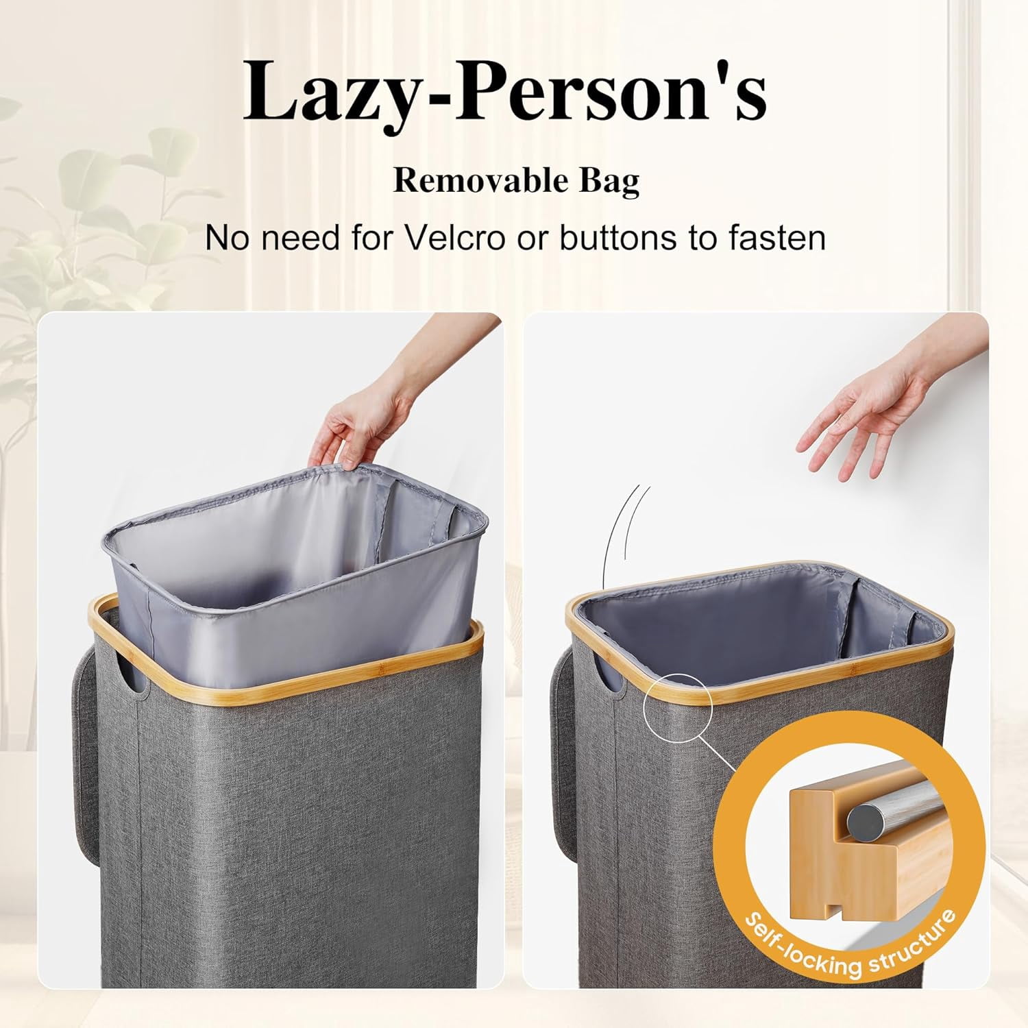 Large Laundry Hamper, 100L Waterproof Laundry Basket with Lid and Removable Bag, Collapsible Tall Clothes Hamper with Bamboo Handles for Clothes Toys in Dorm Bedroom Bathroom, Grey
