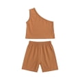 thumbnail image 2 of Huowey Girls Baby Summer Outfits Solid Color Sleeveless One Shoulder Crop Top Shirt And Elastic Waist Wide Leg Shorts Stylish Breathable Soft Cozy Dailywear Sets,Brown,3-4 Years, 2 of 4