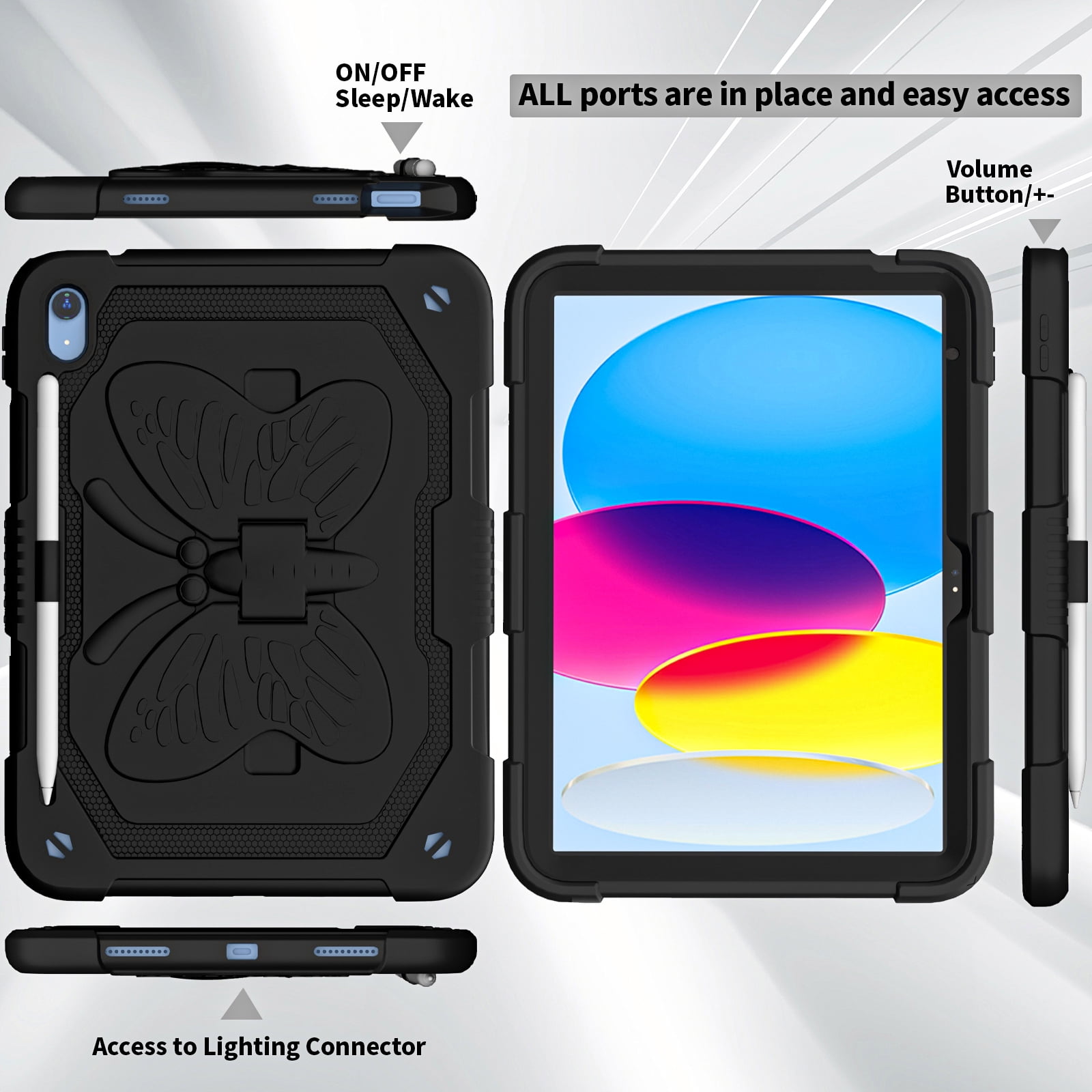 iPad 10th Generation 10.9 Inch 2022 Case with Kickstand Butterfly Wings Pencil Holder, TECH CIRCLE Heavy Duty Hard Rugged Protective Kids Girls Cover for iPad 10th Gen 10.9 Inch 2022,Black