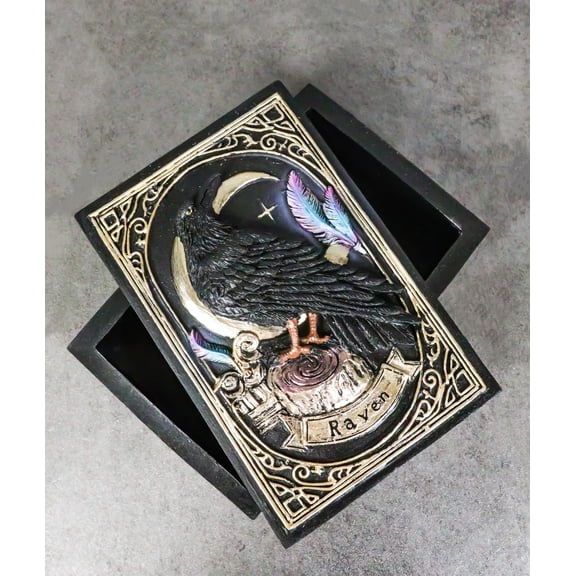 Mystic Raven Crow Crescent Moon Wicca Divination Ornate Tarot Cards Trinket Box