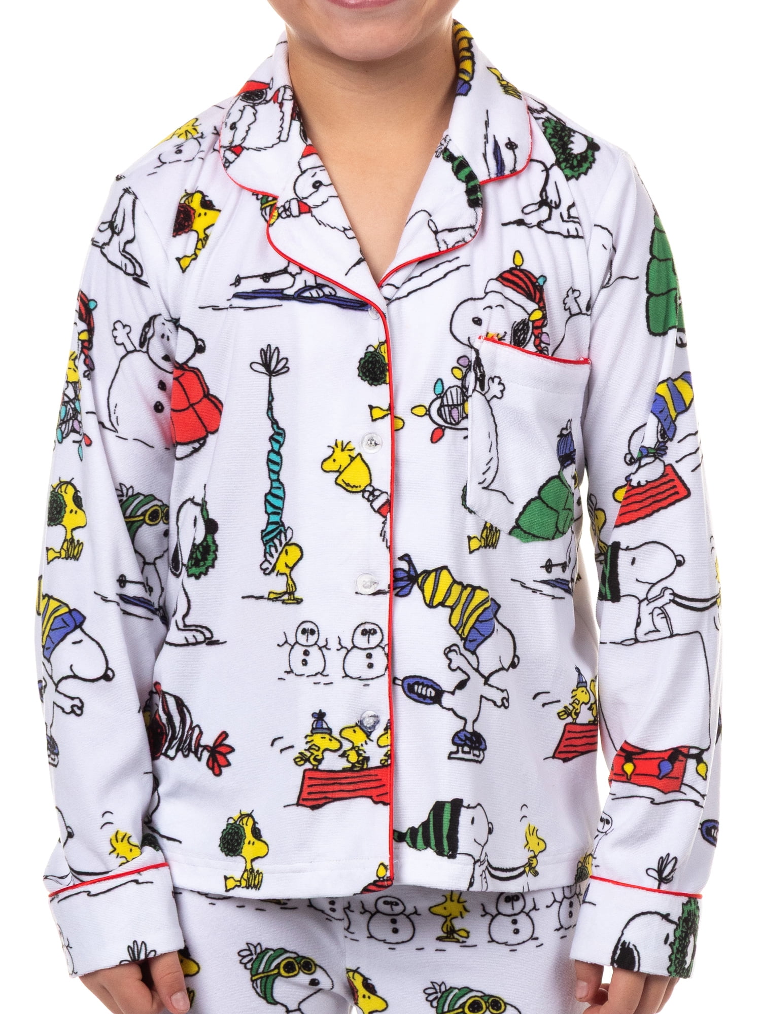 Peanuts Kids Unisex Snoopy Holiday Matching Family Notch Collar Velour Pajama Sets, 2-Piece, Sizes 4-16