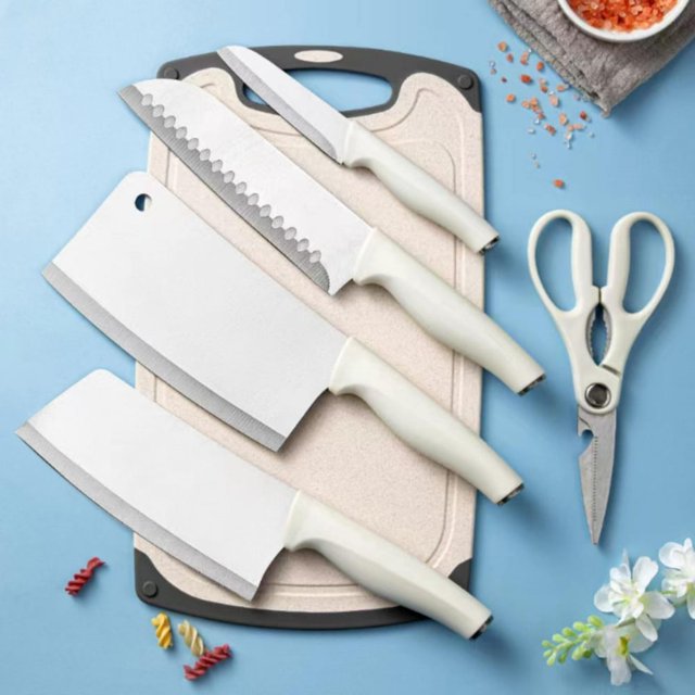 HLONK Kitchen Set 5PCS Stainless Steel Set with Block High White Kitchen Set with Ergonomic Handle for Chopping Slicing Cutting Paring (White) Cutter Extra Offer