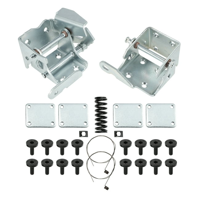 kit de bisagra de puerta izquierda 15981545 para chevrolet blazer s10 1995-2005, dos ensamblajes metálicos tono plateado (superior e inferior) en vista 3/4 con pasadores, muelle, placas cuadradas y tornillería; paquete de 2 juegos para montaje delantero izquierdo, indicado para corregir puertas desalineadas o bisagras oxidadas.