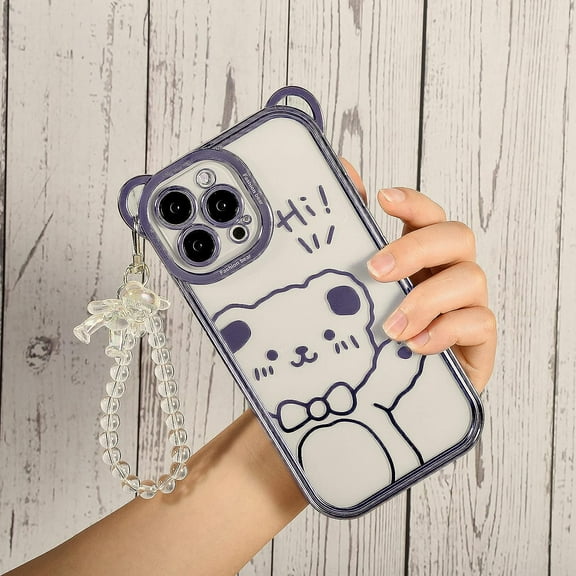 iPhone 12 Pro Max Bear Case, Clear Cute Sparkle Transparent Soft TPU Stylish Plating Pattern Luxury Case Cover with Lovely Strap Bracelet Chain Women Girls Case for iPhone 12 Pro Max-Purple