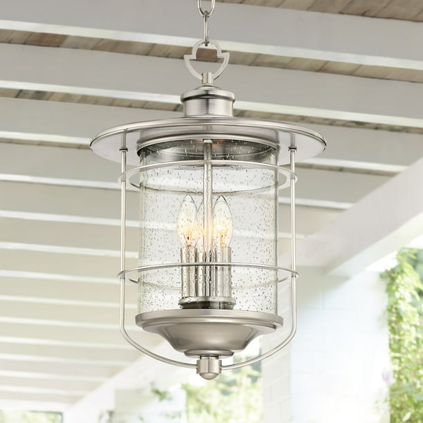 Franklin Iron Works Industrial Outdoor Light Hanging Lantern Brushed Nickel Damp Rated 19 Clear Seedy Glass For Porch Patio Com Clear Seedy Glass For Porch Patio, Brushed Nickel Outdoor Solar Lights