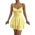thumbnail image 3 of Women'S Tie Back Spaghetti Strap Mini Dress Tiered Ruffle Fit and Flared A Line Cute Short Party Dress Light Yellow XS, 3 of 8