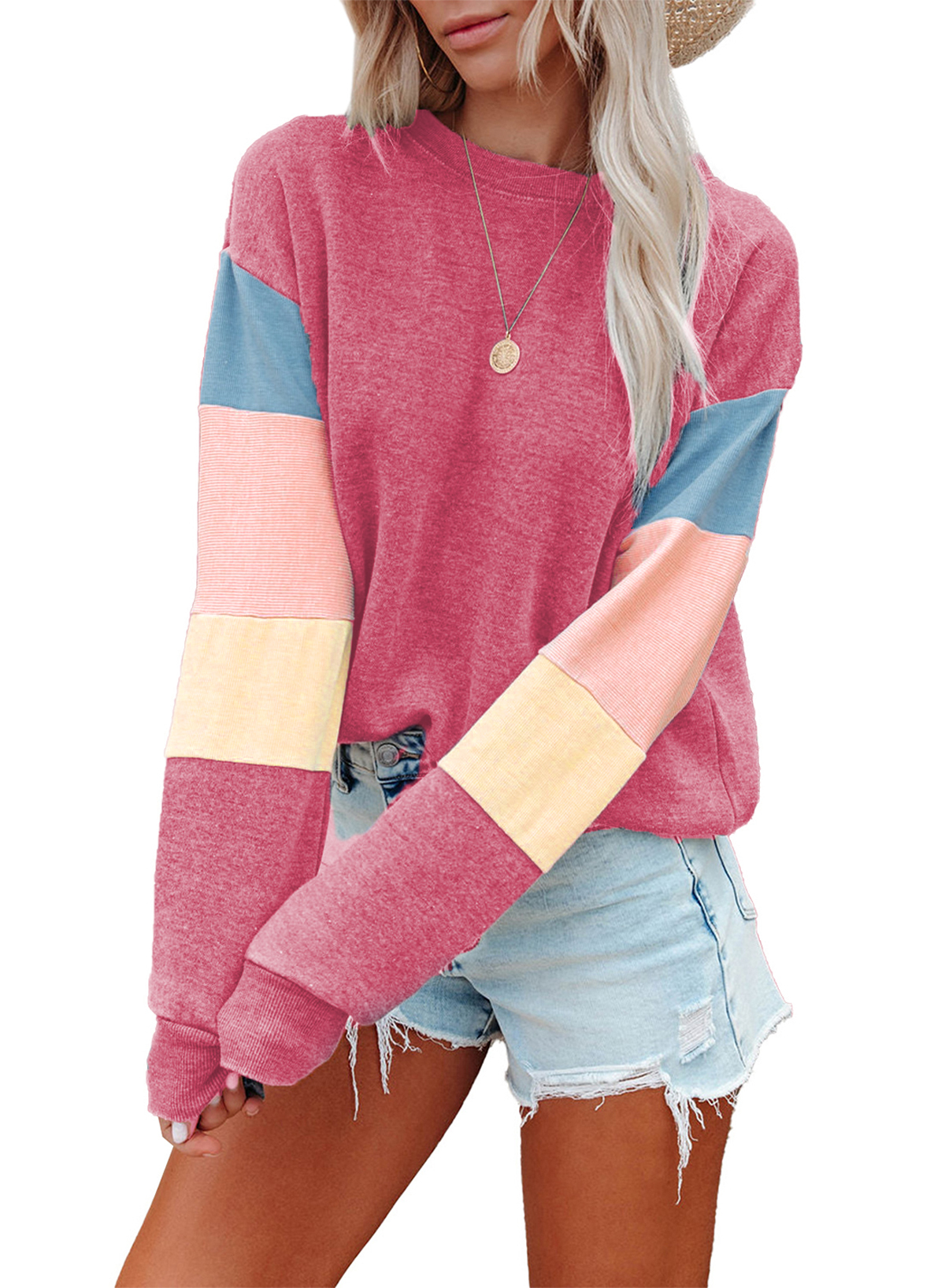 Asvivid Women's Color Block Sweatshirts Crew Neck Long Sleeve Pullover Casual Lightweight Loose