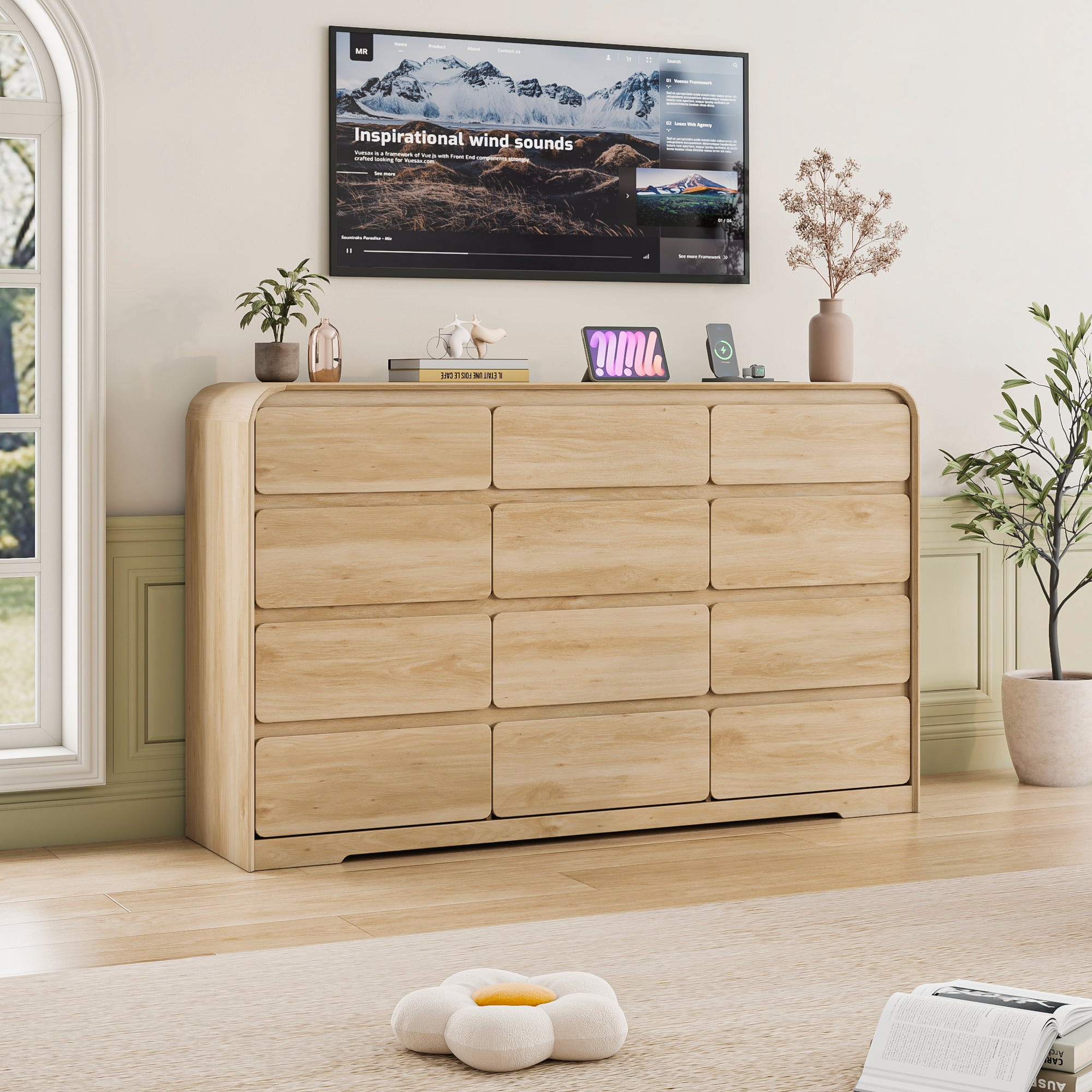 ANPOO 12 Drawers Dresser for Bedroom, 63"W Dressers & Chest of Drawers w/Power Outlet, Curved Design, Wood Mid Century Storage Cabinet, Natural Texture, for Bedroom, Hallway, Oak
