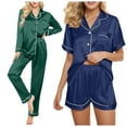 thumbnail image 2 of Couples Pajamas Sets Women & Men Satin Short Sleeve Sleepwear Button Down Loungewear Pjs Set with Pants, 2 of 4