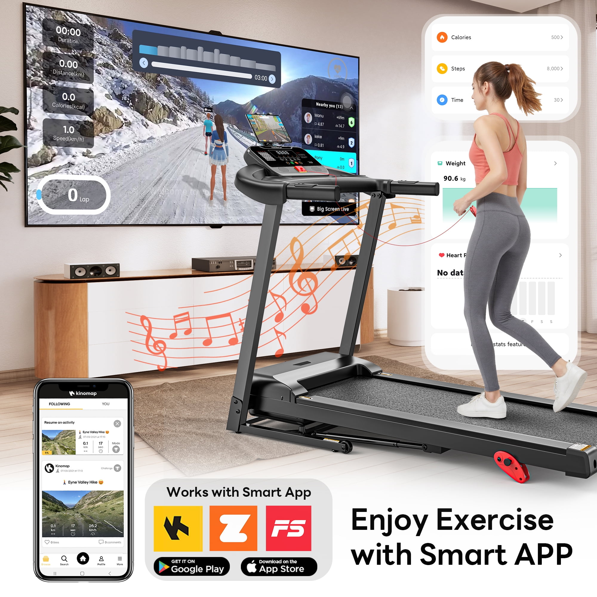 Folding Treadmill 300lbs Capacity, 6% Incline Treadmill with App Control, Electric Treadmill for Home Use, Free Fit Course, 64+3+3+1Programs, Shock Absorption, Home&Office