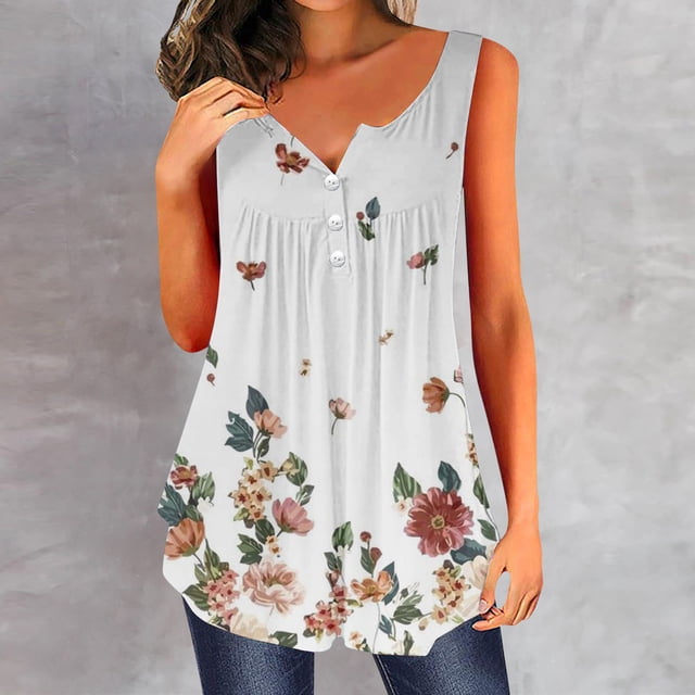 SMihono Camisole pour Femmes avec un design Estival à Col en V, une Coupe Sans Manches et un Imprimé floral. Fabriquée à Partir d'Un Mélange Léger et Respirant de 95 % polyester et 5 % Élasthanne, Cette blouse Décontractée Est Présentée dans une base Blanche avec des Motifs Floraux Multicolores. le Haut Comprend des Détails de Boutons sur l'Encolure et un Ourlet Fluide, Style avec des jeans. Convient aux occasions Décontractées, à la Plage Ou aux Fêtes.