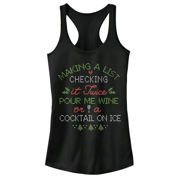 Junior's CHIN UP Christmas Wine or Cocktail Racerback Tank Top Black Small