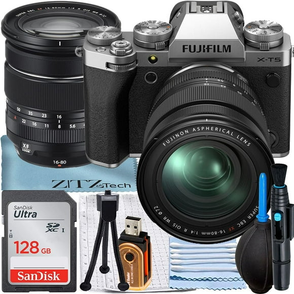 FUJIFILM X-T5 Mirrorless Camera (Silver) with XF 16-80mm Lens + SanDisk 128GB Memory Card + ZeeTech Accessory Bundle