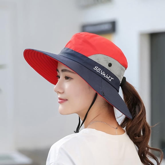 Bucket Wide Brim Hat, Outdoor Quick Drying Breathable Cap, Packable Foldable Sunshade Sun Ponytail Cap With Chin Strap